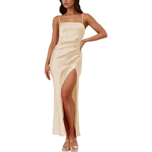 Champagne Satin High Slit Midi Square Neck Slip‎ Dress Formal Event Wedding Med - Picture 3 of 4